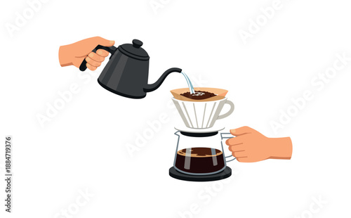 Flat vector illustration of hands making pour over coffee pouring water from kettle over dripper isolated on pure white slightly style high quality no texture no grain