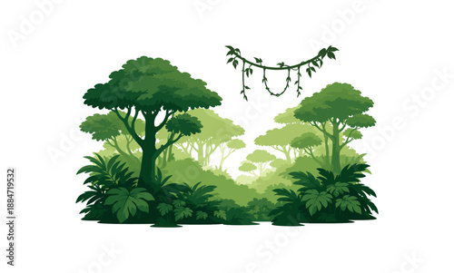 Flat vector illustration of rainforest silhouette with layered canopy shapes and hanging vine isolated on pure white slightly style high quality no texture no grain