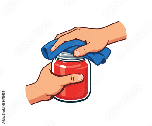 Flat vector illustration of hands opening stubborn jar using towel grip isolated on pure white slightly style high quality no texture no grain