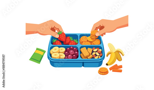 Flat vector illustration of hands packing lunchbox compartment with fruit and snacks isolated on pure white slightly style high quality no texture no grain