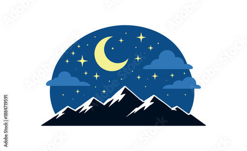 Flat vector illustration of night sky silhouette with crescent moon stars and mountain ridge isolated on pure white slightly style high quality no texture no grain