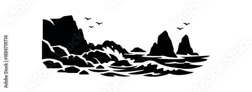 Flat vector illustration of wild coastline silhouette with rocks waves and seabirds as tiny shapes isolated on pure white slightly style high quality no texture no grain