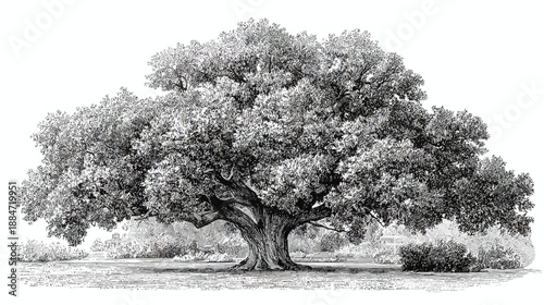 A grand monochrome illustration of a sprawling tree with vast canopy, a detailed scene
