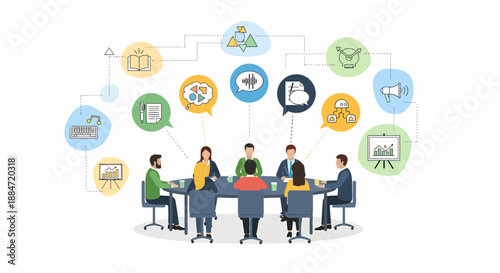 Business meeting with collaboration and idea sharing, illustrating teamwork and strategic planning with icons representing various concepts