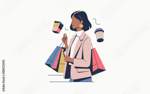 a stylish woman enjoys a shopping spree juggling coffee cups while holding multiple shopping bags gracefully high quality