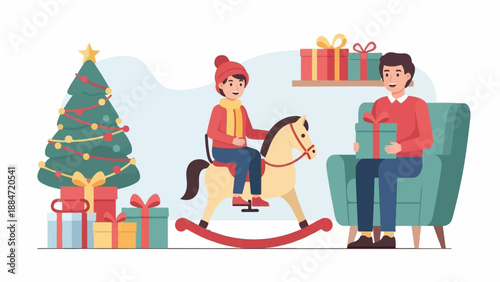 Family celebrating Christmas with gifts, a decorated tree and a child on a rocking horse