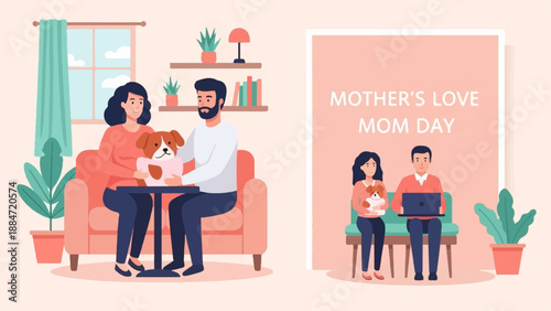 Family celebrating Mother's Day with pets and technology at home