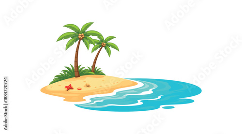 Flat vector illustration of sandy beach with palm silhouettes and gentle waves isolated on pure white slightly style high quality no texture no grain