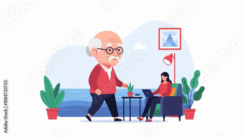 Elderly man and young woman interacting in a modern living room with plants