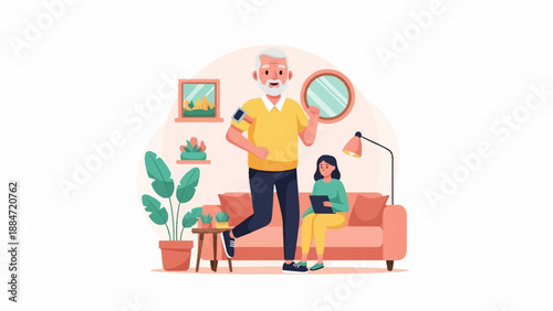 Elderly man running indoors while younger woman watches on tablet