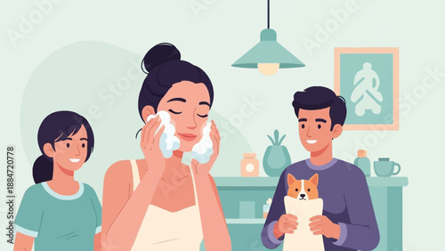 Family enjoying a calm moment with a dog and skincare routine