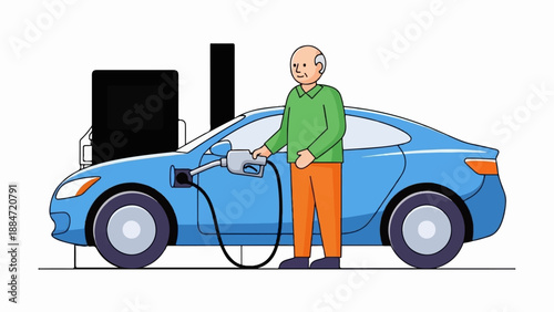 Elderly man charges an electric car at a charging station on a white background