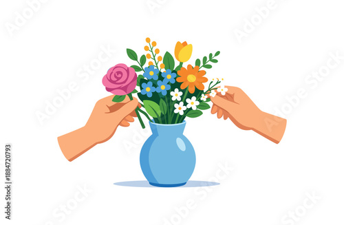 Flat vector illustration of hands arranging bouquet vase isolated on pure white slightly style high quality no texture no grain