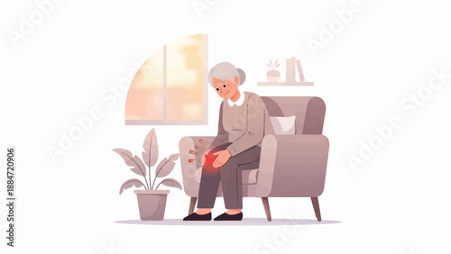 Elderly woman experiencing knee pain while sitting in an armchair indoors
