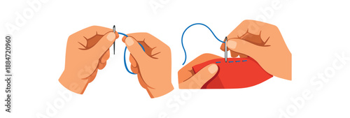 Flat vector illustration of hands threading needle and stitching fabric isolated on pure white slightly style high quality no texture no grain