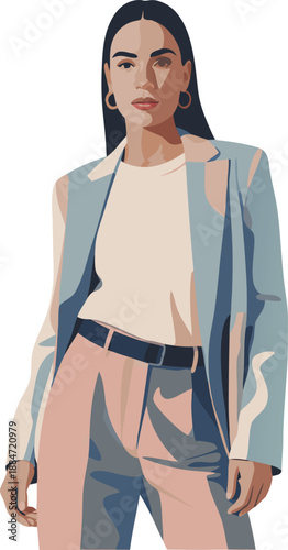 A stylish woman confidently poses in a modern pastel toned suit showcasing a contemporary fashion aesthetic and elegant poise