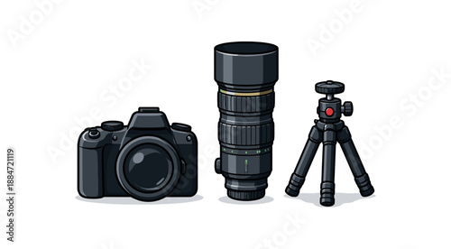 Flat vector illustration of nature photography kit with camera silhouette lens and small tripod isolated on pure white slightly style high quality no texture no grain