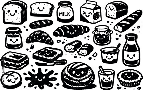 Hand drawn linocut bakery icons close up smiling bread croissant jar milk carton toast sandwich arranged overhead playful monochrome vector pattern