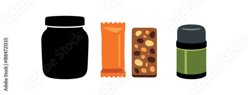 Flat vector illustration of forest hike snack kit with trail mix jar silhouette energy bar shapes without text and small thermos isolated on pure white slightly style high quality no