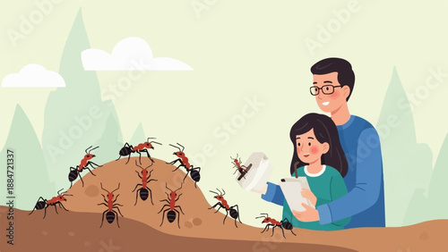 Father and daughter observe ants on a mound with a gentle landscape