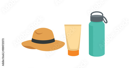 Flat vector illustration of beach day eco kit with straw hat silhouette reef safe sunscreen tube without label and reusable bottle isolated on pure white slightly style high quality no