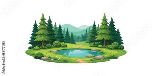 Flat vector illustration of pine forest clearing with small pond and distant hills isolated on pure white slightly style high quality no texture no grain
