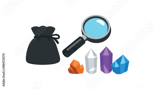 Flat vector illustration of rock collecting kit with small pouch silhouette hand lens and few crystal shapes isolated on pure white slightly style high quality no texture no grain