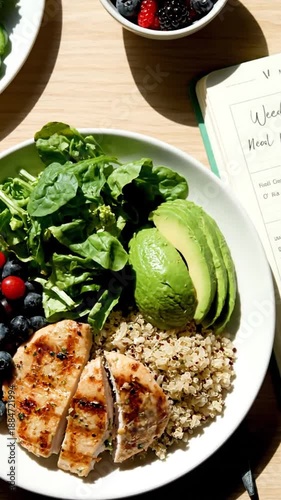 Healthy And Delicious Meal: A Vibrant Composition Of Grilled Chicken, Avocado, And Berries