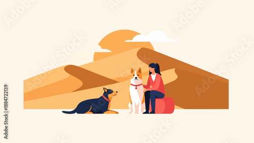 Flat illustration of a woman with two dogs in a desert landscape with dunes