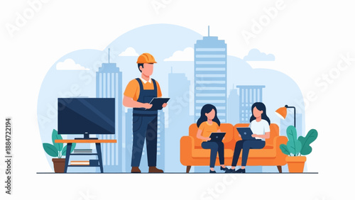 Flat illustration of a worker and two women in a cityscape