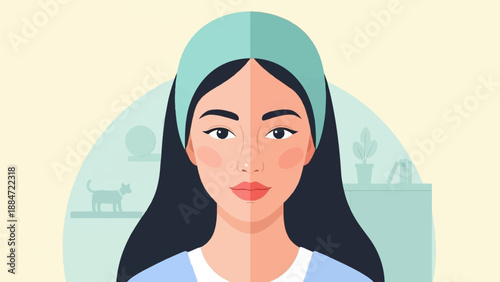 Flat illustration of a young woman wearing a teal headband, indoors with home decor