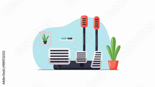 Flat illustration of car pedals and potted plants in a light blue room