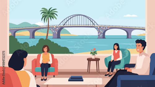 Four people relax in a living room with a scenic view of a bridge and tropical island