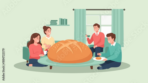Four people share a large loaf of bread and small pastries around a low table