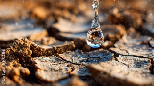 Water droplet falling on cracked dry earth, symbolizing drought and water scarcity.