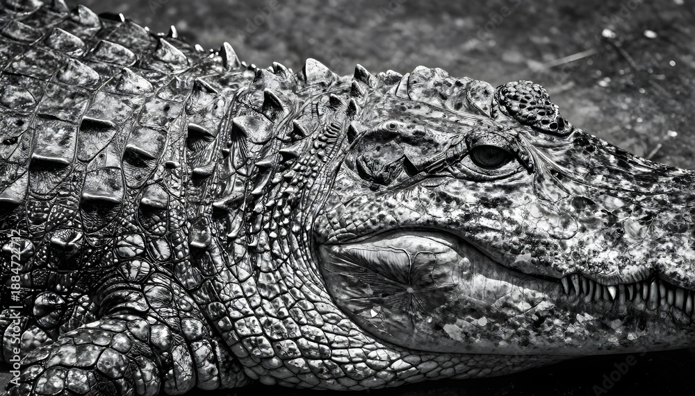 Fototapeta premium Close-up black and white portrait of a crocodile's textured skin and sharp teeth