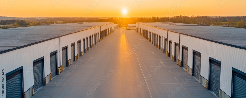 Obraz premium Aerial view of warehouse rows at sunrise, highlighting symmetry and warm light. Sunrise, Symmetry, Logistics, Warehouse, Aerial View, Logistics Hub