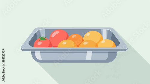 Fresh produce in a metal tray, tomatoes and round fruits