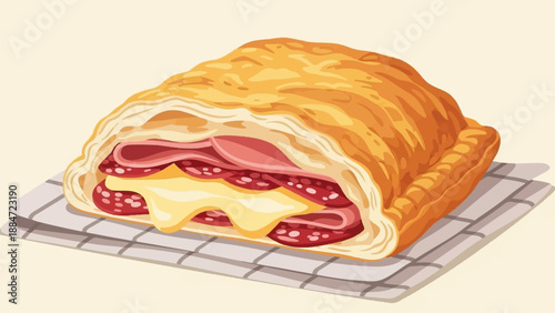 Golden-brown pastry filled with melted cheese, salami, and ham