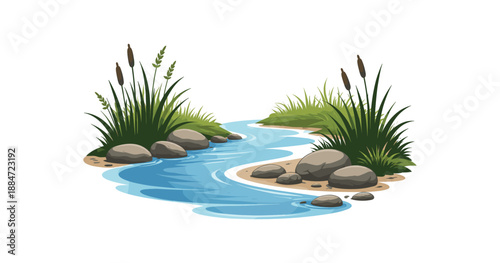 Flat vector illustration of river bend landscape with stones and tall grasses silhouettes isolated on pure white slightly style high quality no texture no grain