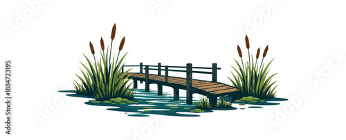 Flat vector illustration of marshland with reeds and wooden boardwalk silhouette isolated on pure white slightly style high quality no texture no grain