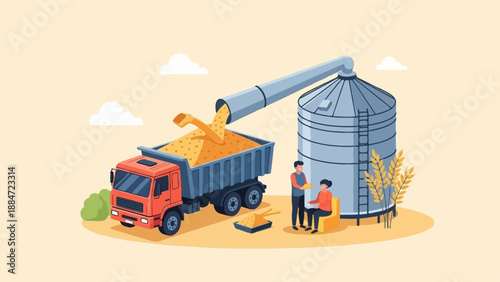 Grain delivery to silo by truck with people overseeing
