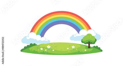 Flat vector illustration of rainbow over meadow with clouds and small tree silhouette isolated on pure white slightly style high quality no texture no grain