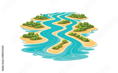 Flat vector illustration of river with branching water channels and sandbars isolated on pure white slightly style high quality no texture no grain