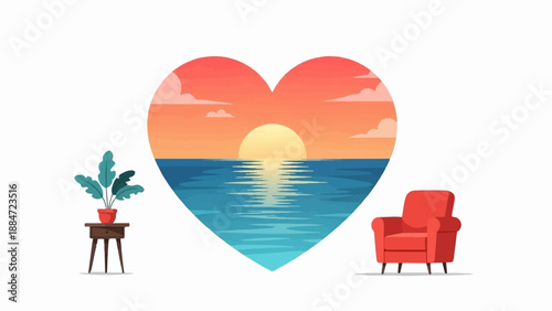 Heart shaped ocean sunset view with potted plant and red armchair