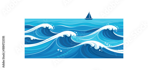 Flat vector illustration of ocean waves with sailboat silhouette and distant horizon isolated on pure white slightly style high quality no texture no grain