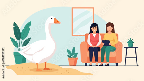 Interior scene with a goose and two women sitting on a couch
