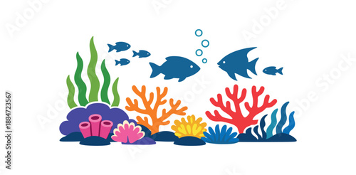 Flat vector illustration of an underwater coral reef with fish silhouettes and seaweed isolated on pure white slightly style high quality no texture no grain