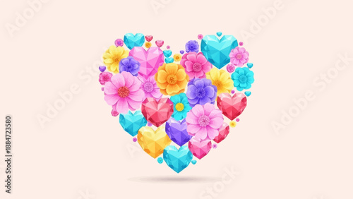 Heart-shaped bouquet of colorful faceted gems and flowers