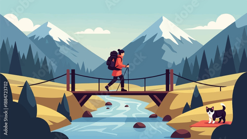 Hiker crosses bridge over stream with dog and snowy mountains in background